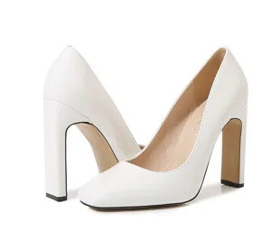 Korean style square toe chunky high heels patent leather white dress wedding work shoes women