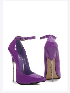 Purple patent leather pointed toe high heels with extreme metal stiletto heels for club party.
