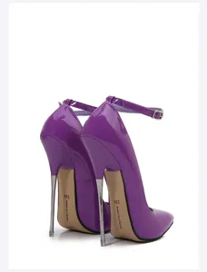 Women purple patent leather high heels metal stiletto ankle strap sexy party shoes for club
