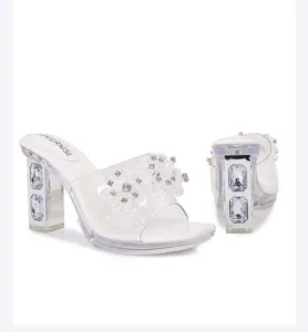 Crystal rhinestone chunky heel transparent mule sandals, open toe high heels for women.