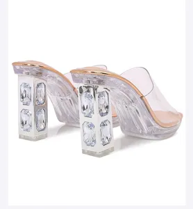 Clear PVC strap high heel sandals with sparkling crystal inlaid chunky heels for women fashion.