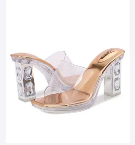 Clear transparent strap rhinestone chunky high heel sandals detail view gold metallic insole