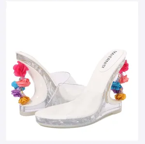 Dames transparante hoge hakken sandalen met kleurrijke bloem hangend chunky mules schoenen.