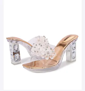 Transparent crystal rhinestone thick heel high heels stylish clear mule sandals for women.