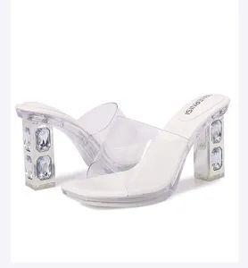 Clear chunky heel rhinestone platform high heel sandals for women, stylish and elegant.