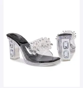 Clear crystal rhinestone block heel mules transparent open toe fashion high heels women shoes