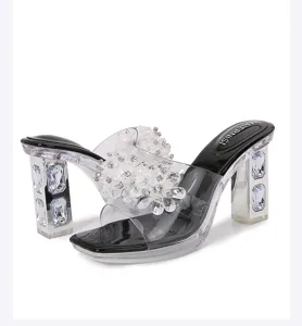 Crystal rhinestone thick heel clear PVC mules sandals detail view with decorative flowers