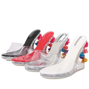 Transparante plateau hakken met bloemkwastjes, transparante PVC dames modesandalen.