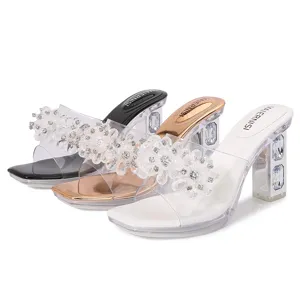 Crystal Flower Clear Chunky Heel Open Toe Dress Slippers Main View Three Colors