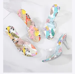 Sandalias de tacón alto transparentes de verano para mujer puntera abierta zapatos mules