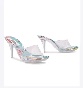 Mules de tacón alto transparente con suelas estampadas, elegantes sandalias de verano abiertas.