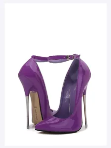 Close-up detail of purple patent leather high heels featuring ultra-slim metal stiletto heels.