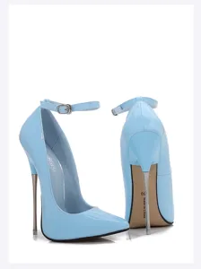 Detail view of light blue patent leather high heels featuring slim metal stiletto heels.