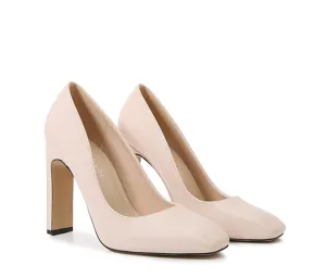 Nude patent leather square toe high heels thick heel pumps women fashion dress shoes