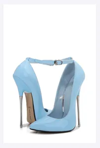 Light blue patent leather stiletto high heels detail, slim metal heel and ankle strap.