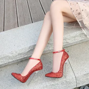 Zapatos de tacón de aguja puntiagudos rojos para mujer, calzado de fiesta brillante.