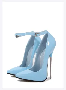 Detailed shot of light blue patent leather high heels with metal stiletto heels and ankle strap.