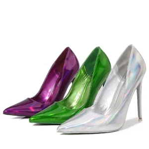 French pointed-toe stiletto high heels, elegant metallic finish dress shoes for women main view.