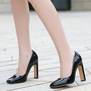 Women Black Patent Leather Square Toe Block High Heel Pumps Fashion Shoes Main View