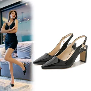 Scarpe con Tacco Medio Grosso e Punta Affusolata in Pelle Verniciata Slingback da Donna Eleganti Scarpe da Ufficio
