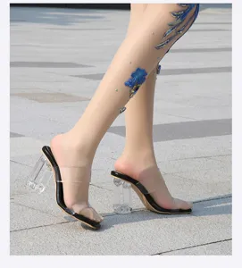 Sandalias de verano con tacón alto transparente y mules de tacón grueso mujer.