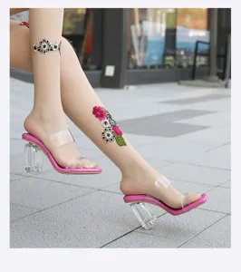 Nuevas sandalias de verano transparentes con tacón alto de cristal grueso para mujer