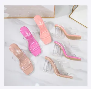 Verano transparentes tiras sandalias tacones altos mujer tacón cristal grueso