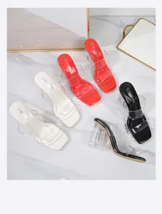 Sandalias de tacón alto transparente y grueso, zapatos elegantes de mujer con punta cuadrada de verano.