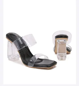 Sandalias mujer tacón ancho transparente punta cuadrada correa transparente zapatos verano