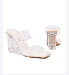 Sandalias de verano transparentes de tiras con tacón alto y tacón de cristal grueso zapatos sexys.