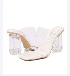 Sandalias de tacón alto transparente para mujer, zapatos elegantes con tacón ancho y claro.