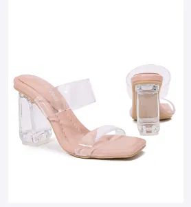 Mujeres sandalias de tacón alto grueso transparente correa clara punta cuadrada zapatos
