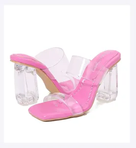 Sandalias de tacón alto transparente de verano, zapatos de mujer sexis con tacón de cristal grueso