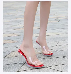 Summer women's clear strap chunky high heel sandals with red insoles and transparent heels.