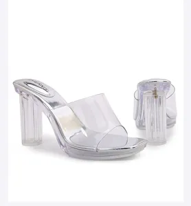 Detailed view of clear chunky heel sandals, transparent strap and silver sole trim design.