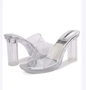 Clear transparent high heel sandals for women summer thick crystal heel silver slide shoes