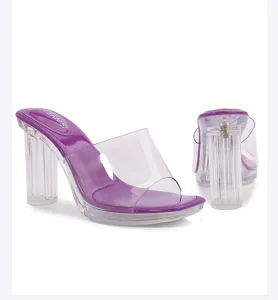 Stylish women chunky clear heel sandals with transparent strap and purple insole for summer fashion.