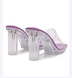 Clear chunky high heels detail view, showing transparent PVC upper and stylish purple insole.