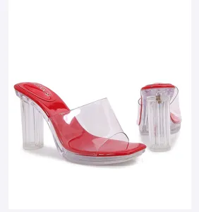 Detailed view of women's red clear high heel mules featuring transparent chunky heels.