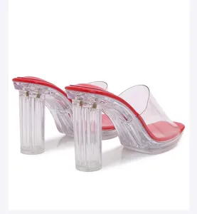 Clear high heel sandals transparent thick heel red insole women summer fashion sexy shoes