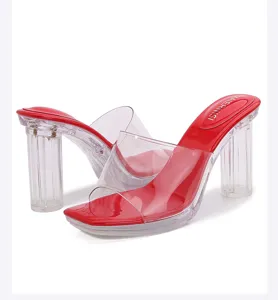 Clear transparent high heel sandals for women, stylish red block heel mules, summer casual shoes.