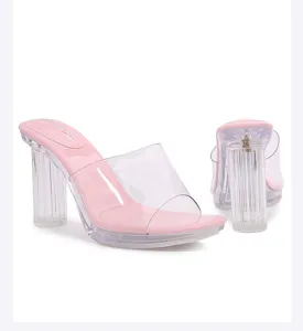 Women transparent heel sandals summer pink clear strap chunky high heels chic fashion shoes