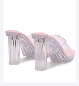 Women transparent chunky heel sandals summer pink high heels mule stylish crystal shoes