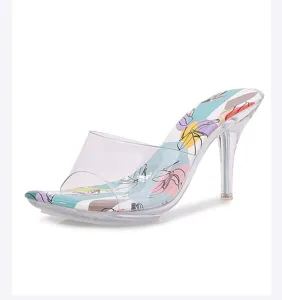 Sandalias de tacón alto abiertas transparentes de PVC para mujer, elegantes mules coloridos de verano.
