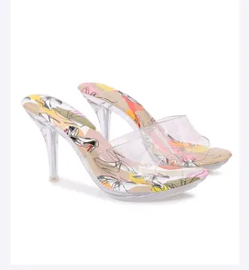 Sandalias transparentes de tacón alto para mujer, mules con plantilla estampada color.