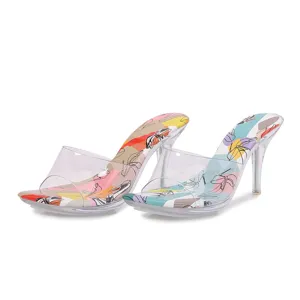 Tacones altos transparentes de verano punta abierta mules coloridos estampados sandalias