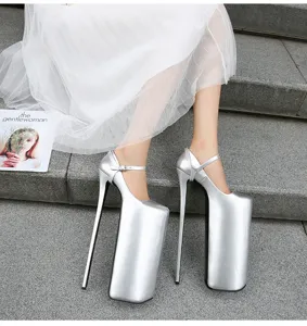 Silver extreme high heel platform pumps, dramatic pole dancing fashion shoes detail view