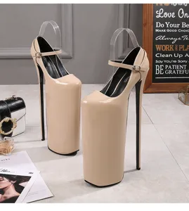 Extreme platform high heels patent leather stiletto Mary Jane pumps nude sexy pole dancing shoes
