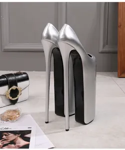 Silver extreme high heels with thick platform, perfect for pole dancing and stage shows.