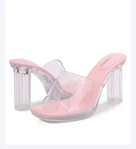 Women transparent chunky high heel sandals pink clear slide mules summer fashion shoes